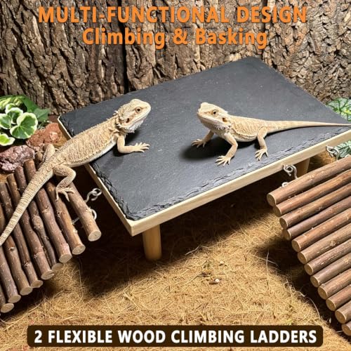 Bearded Dragon Basking Platform with Climbing Ramp,Reptile Basking Rock (L) | Wooden Lizard Resting Platform Basking Rock Slate,Leopard Gecko Hide Cave Tank Accessories for Tortoise Snake - size: L: 11.8" x 7.9" x 4.56"