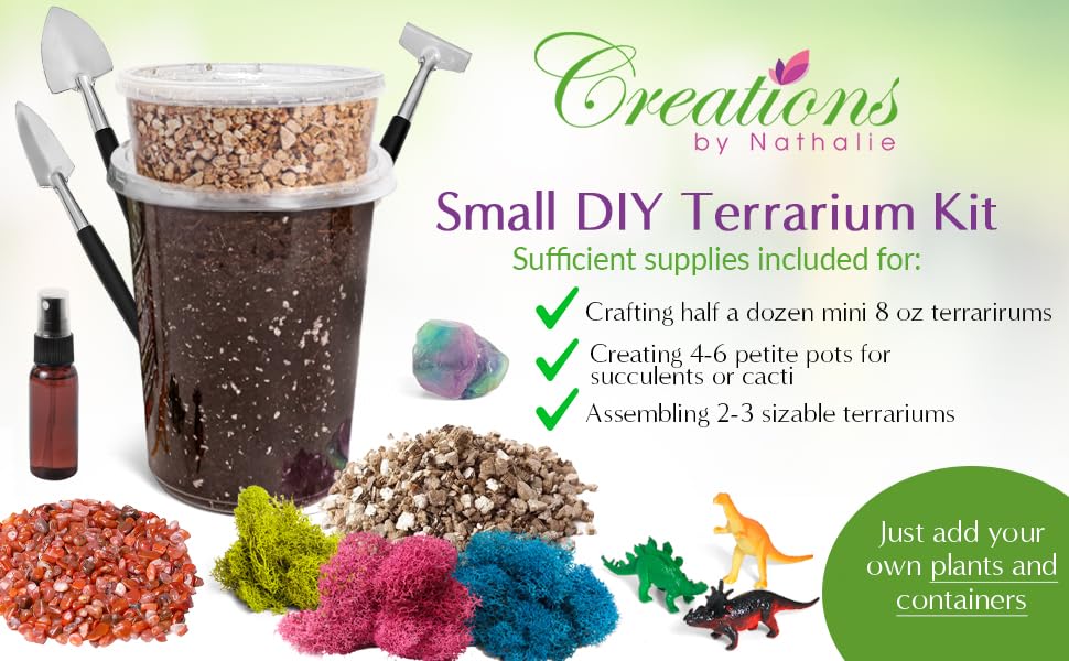 Creations by Nathalie – DIY Large Terrarium Starter Kit with Soil, Moss, Pebbles, Healing Crystal, Tools & Supplies – Terrarium Kit for Adults & Teens, Handcrafted in USA | DIY large terrarium starter kit with premium moss, tools, and essential supplies t