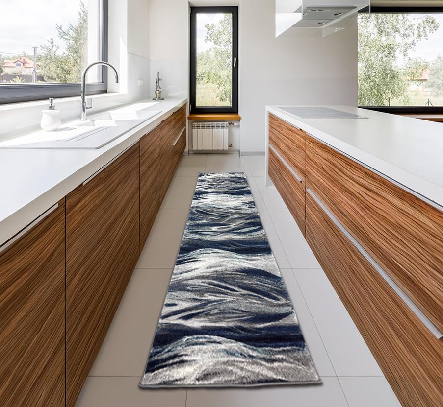 Keen Home Design Runner Rugs - 32"x91" Non-Shedding, Thick Pile Abstract Rugs for Kitchen, Living Room, Bedroom, Dining Room, Entryway - Size: 2'8" x 7'7", Skrik Navy - color: Skrik Navy, size: 2'8" x 7'7" (Runner)