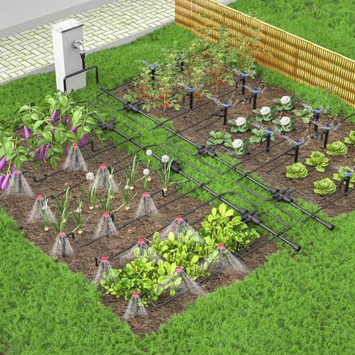 Drip Irrigation System, 106FT Quick Connect Garden Watering | Automatic watering with leak-free push-fit connectors, adjustable drip emitters for gardens, raised beds, greenhouses & lawns - size: 24FT 1/2''Main tube+82FT 1/4'' tube