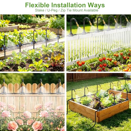 Thiswing 200FT 360° Adjustable Irrigation System with Stake Holders | 1/4" Tubing, 32 Nozzles, Automatic Watering Misting System, Sprinkler for Garden, Raised Bed, Lawn, Plants - size: 200FT