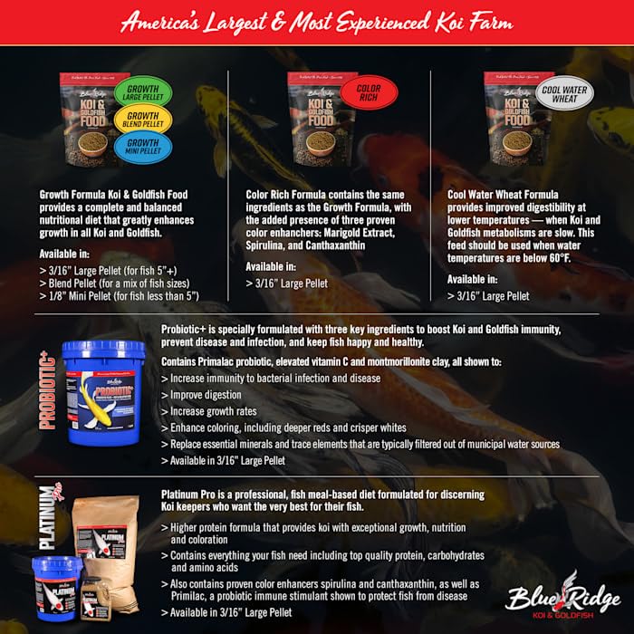 Blue Ridge Koi Fish Food 14lb - Koi Food 3/16” Large and Mini Blend Growth Formula, Goldfish Food, Premium Fish Food for Ponds, Ponds Fish Food, Floating Pond Pellets - size: 14 Pound (Pack of 1)