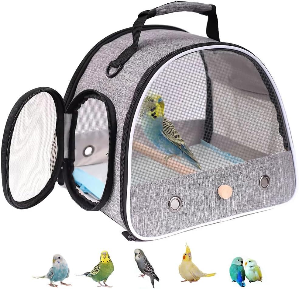 Small Bird Travel Carrier, Portable Mesh Vented Bird Carrier Cage for Parakeet, Parrot, Cockatiel, Guinea Pig, Bearded Dragon Reptile Carrier for Hiking Vet Visit Bicycle Ride (Grey, Mesh Window) - color: Grey