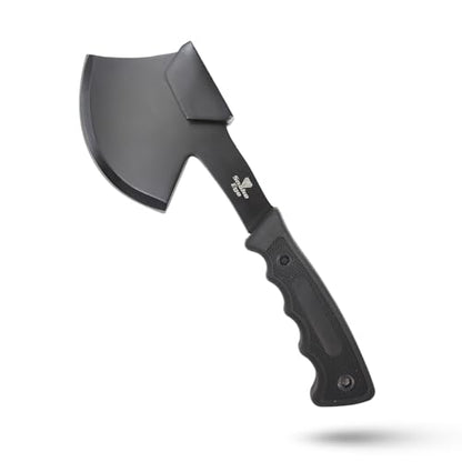 Snake Eye Tactical Heavy Duty 3PC Hunting & Camping Set – Full Tang Camping Axe, 9.5" Fixed Blade Gut Hook Knife, Sharpening Rod, and Heavy Duty Nylon Combo Sheath Included (Black) - color: Black