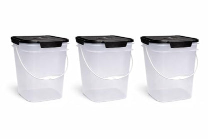 4 Gallon Square Food Grade Bucket Pail with Plastic Handles and Lid (Pack of 3) (Clear - Black lids) - color: Clear - Black Lids