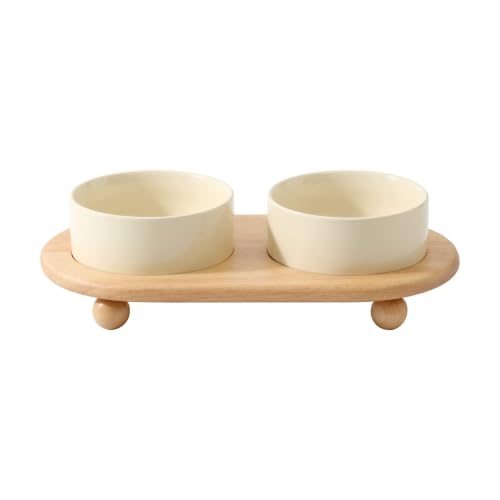 Havniva Raised Cat Bowl 5.1” Elevated Ceramic Cat Food and Water Bowl Set | Cat Bowls Elevated, Whisker Friendly Cat Bowl, Non-Slip Wood Stand, Food-Grade Ceramic, Wide Opening, Dishwasher Safe - color: Light Yellow, size: 2 Bowls+Tray - 5.1"