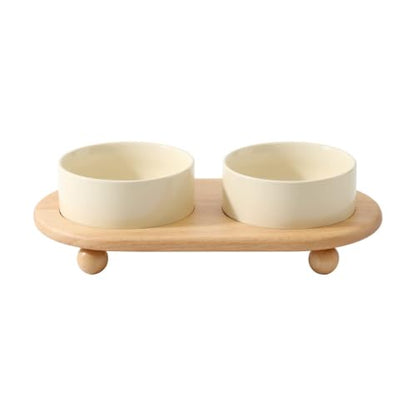 Havniva Raised Cat Bowl 5.1” Elevated Ceramic Cat Food and Water Bowl Set | Cat Bowls Elevated, Whisker Friendly Cat Bowl, Non-Slip Wood Stand, Food-Grade Ceramic, Wide Opening, Dishwasher Safe - color: Light Yellow, size: 2 Bowls+Tray - 5.1"