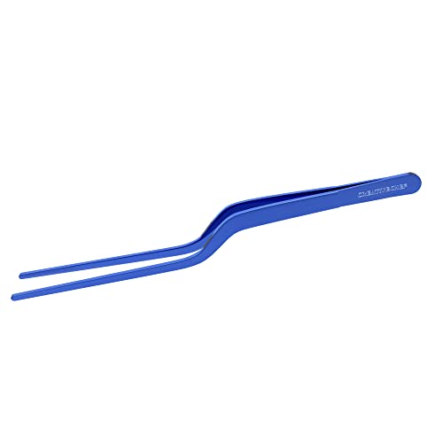 CREATIVECHEF 8 Inch Curved Stainless Steel Precision Kitchen Cooking Multi-function Tweezers Culinary Offset Tweezer Tongs (Curved, Blue) - color: Blue