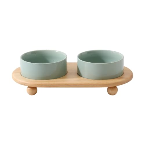 Havniva Raised Cat Bowl 5.1” Elevated Ceramic Cat Food and Water Bowl Set | Cat Bowls Elevated, Whisker Friendly Cat Bowl, Non-Slip Wood Stand, Food-Grade Ceramic, Wide Opening, Dishwasher Safe - color: Light Green, size: 2 Bowls+Tray - 5.1"