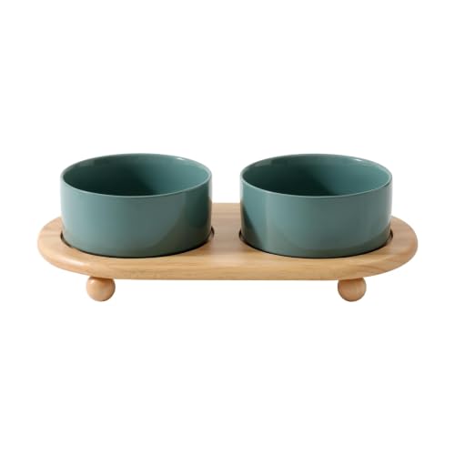 Havniva Raised Cat Bowl, 6.1” Elevated Ceramic Cat Food and Water Bowl Set | Cat Bowls Elevated, Whisker Friendly Cat Bowl, Non-Slip Wood Stand, Food-Grade Ceramic, Wide Opening, Dishwasher Safe - color: Dark Green, size: 2 Bowls+Tray - 6.1"