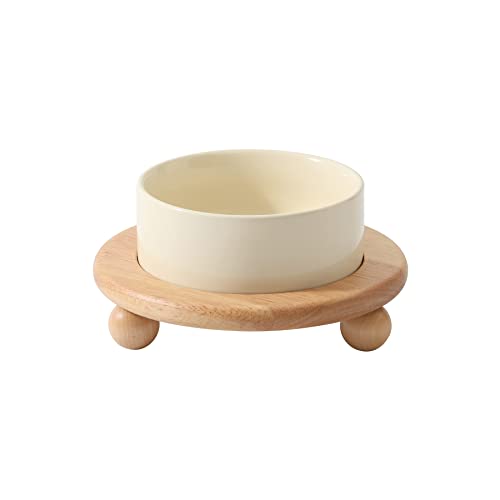 Havniva Raised Cat Bowl 5.1” Elevated Ceramic Cat Food and Water Bowl | Cat Bowls Elevated, Whisker Friendly Cat Bowl, Non-Slip Wood Stand, Food-Grade Ceramic, Wide Opening, Dishwasher Safe - color: Light Yellow, size: Bowl+Tray - 5.1"