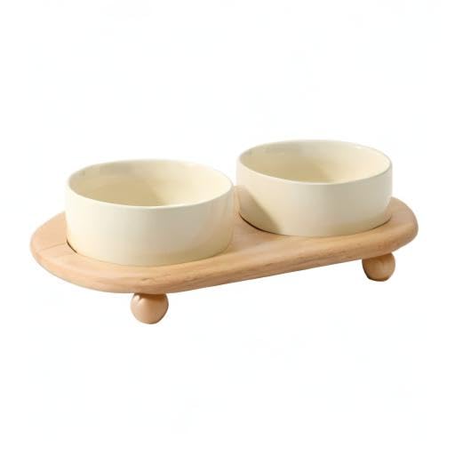 Havniva Raised Cat Bowl 5.1” Elevated Ceramic Cat Food and Water Bowl Set | Cat Bowls Elevated, Whisker Friendly Cat Bowl, Non-Slip Wood Stand, Food-Grade Ceramic, Wide Opening, Dishwasher Safe - color: Light Yellow, size: 2 Bowls+Tray - 5.1"