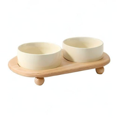 Havniva Raised Cat Bowl 5.1” Elevated Ceramic Cat Food and Water Bowl Set | Cat Bowls Elevated, Whisker Friendly Cat Bowl, Non-Slip Wood Stand, Food-Grade Ceramic, Wide Opening, Dishwasher Safe - color: Light Yellow, size: 2 Bowls+Tray - 5.1"