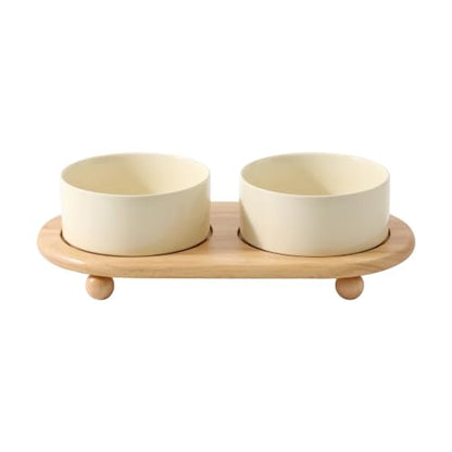 Havniva Raised Cat Bowl, 6.1” Elevated Ceramic Cat Food and Water Bowl Set | Cat Bowls Elevated, Whisker Friendly Cat Bowl, Non-Slip Wood Stand, Food-Grade Ceramic, Wide Opening, Dishwasher Safe - color: Light Yellow, size: 2 Bowls+Tray - 6.1"