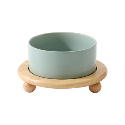 Havniva Raised Cat Bowl 6.1” Elevated Ceramic Cat Food and Water Bowl | Cat Bowls Elevated, Whisker Friendly Cat Bowl, Non-Slip Wood Stand, Food-Grade Ceramic, Wide Opening, Dishwasher Safe - color: Light Green, size: Bowl+Tray - 6.1"