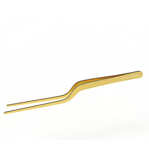 CREATIVECHEF 8 Inch Curved Stainless Steel Precision Kitchen Cooking Multi-function Tweezers Culinary Offset Tweezer Tongs (Curved, Gold） - color: Gold