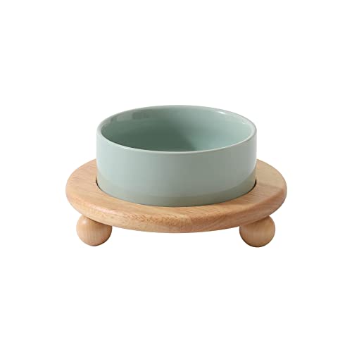 Havniva Raised Cat Bowl 5.1” Elevated Ceramic Cat Food and Water Bowl | Cat Bowls Elevated, Whisker Friendly Cat Bowl, Non-Slip Wood Stand, Food-Grade Ceramic, Wide Opening, Dishwasher Safe - color: Light Green, size: Bowl+Tray - 5.1"
