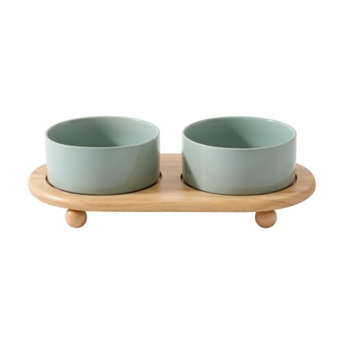 Havniva Raised Cat Bowl, 6.1” Elevated Ceramic Cat Food and Water Bowl Set | Cat Bowls Elevated, Whisker Friendly Cat Bowl, Non-Slip Wood Stand, Food-Grade Ceramic, Wide Opening, Dishwasher Safe - color: Light Green, size: 2 Bowls+Tray - 6.1"
