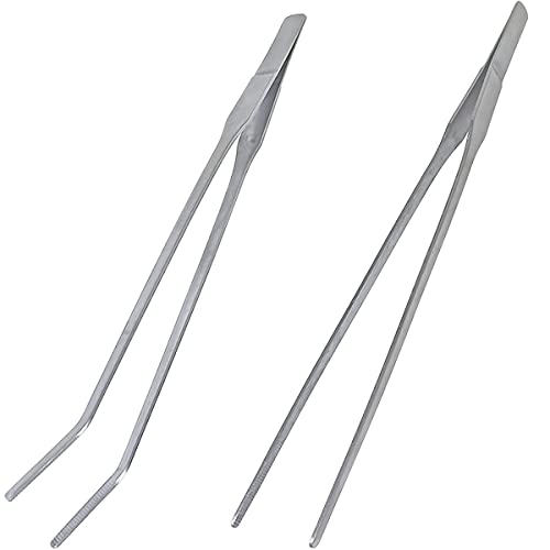 2 Pcs Feeding Tongs, Aquarium Tweezers Straight and Curved Tweezers Set | 27cm/10.6 inches Stainless Steel Aquascaping Tools for Hold Worms, Reptiles, Lizards, Bearded Dragon (Silver)