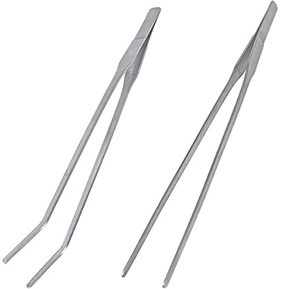 2 Pcs Feeding Tongs, Aquarium Tweezers Straight and Curved Tweezers Set | 27cm/10.6 inches Stainless Steel Aquascaping Tools for Hold Worms, Reptiles, Lizards, Bearded Dragon (Silver)