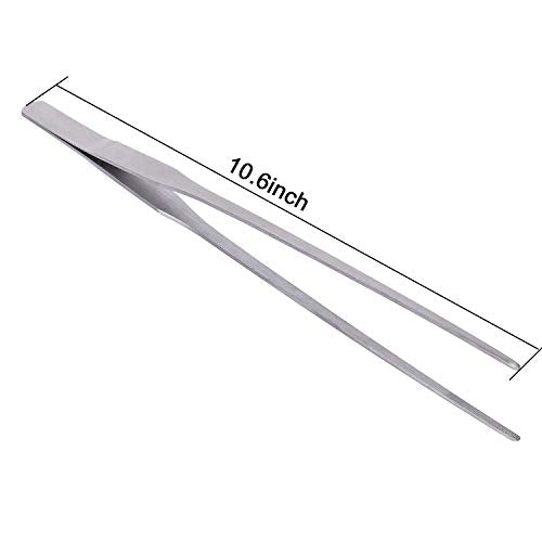OIIKI Stainless Steel Polished Extra-Long 10.6 inch Tongs Tweezers | Long Tweezers with Precision Serrated Tips for Garden, Kitchen, Indoor & Outdoor - size: 10.6 inch Straight (1 PCS)