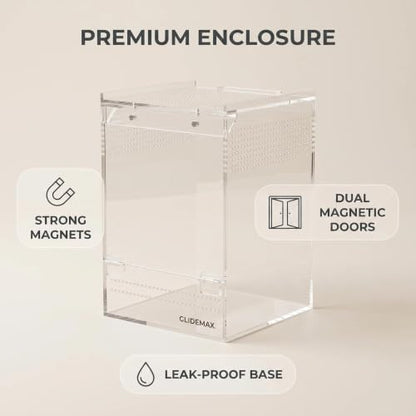 Jumping Spider Enclosure, 6x6x9 Inch Upgraded Acrylic Tarantula Terrarium Habitat with Dual Magnetic Doors, Fully Assembled Escape-Proof Insect Tank for Mantis, Gecko, Lizard & Small Reptiles