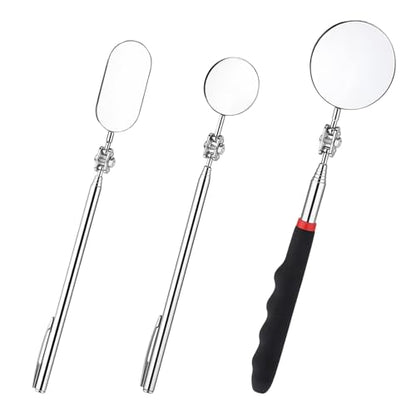 3 Pcs Stainless Steel Extendable Mechanic Mirror, Telescoping Inspection Mirror with Rotating Head, Round Mirrors on a Stick, Mechanical Mirrors Tool with Long Handle and Clip-On Design for Mechanics