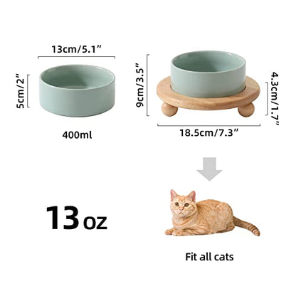 Havniva Raised Cat Bowl 5.1” Elevated Ceramic Cat Food and Water Bowl | Cat Bowls Elevated, Whisker Friendly Cat Bowl, Non-Slip Wood Stand, Food-Grade Ceramic, Wide Opening, Dishwasher Safe - color: Light Green, size: Bowl+Tray - 5.1"