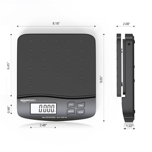 Amazon Basics Digital Postal Shipping Scale with Tare Function, AC Adapter, 65 lb Capacity, 0.1 oz Readability, LCD Display, Black - size: 65 pound