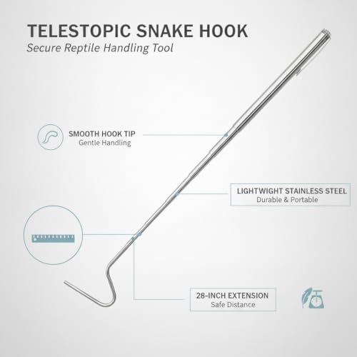 Telescopic Snake Hook, Stainless Steel Extendable Reaching Tool for Reptile Enclosures, 28-Inch (1 PC)