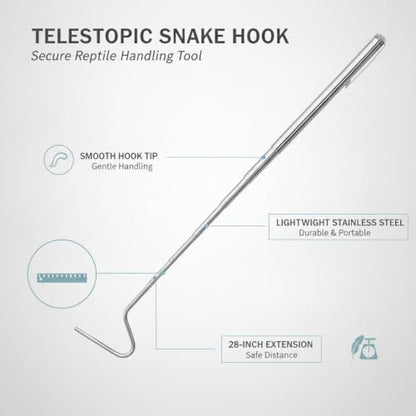 Telescopic Snake Hook, Stainless Steel Extendable Reaching Tool for Reptile Enclosures, 28-Inch (1 PC)