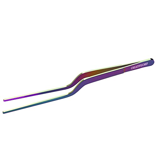 CREATIVECHEF 8 Inch Curved Stainless Steel Precision Kitchen Cooking Multi-function Tweezers Culinary Offset Tweezer Tongs (Curved, color) - color: Colorful