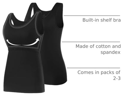 AMVELOP Tank Tops for Women Built in Bra Cotton Shelf Bra Tanks Layering Undershirts 2-3 Pack - color: 2 Pack-black Black, size: Small