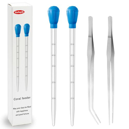 2 Piece Aquarium Coral Feeder with 2 Piece Stainless Steel Feeding Long Tweezers Syringe Spot Coral Feeder Reptile Feeding Tools for Aquatic Plant Reef Anemones Lionfish (Blue, Silvery) - size: 17.7 in Pipette (2 Pieces) + Tweezers (2 Pieces)