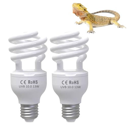 2-Pack E26 Reptile UVB Light Bulb 13W UVA UVB 10.0 | Compact Fluorescent Lamp for Bearded Dragon, Tortoise, Lizard, Suitable for Desert Reptile Vivarium Tank - size: 13W UVB 10.0