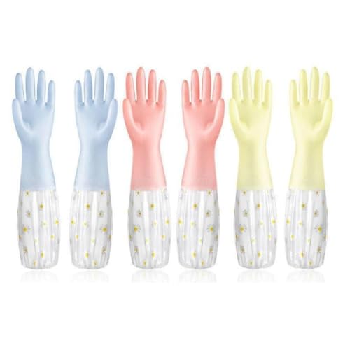 Reusable Rubber Latex PVC Flock Lined Long Elbow Hand Gloves | 3 Pair Combo, Safety Gloves for Dish-Washing, Cleaning, Gardening, Laundry, Sanitation, and Lab Work