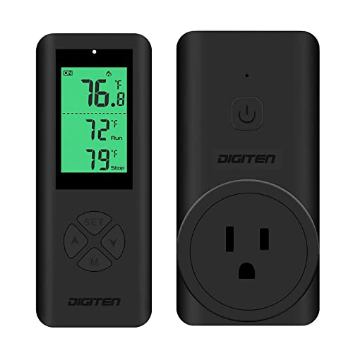 DIGITEN Wireless Thermostat Plug-in Temperature Controller Outlet Remote Control Built in Temp Sensor Thermometer Heating Cooling Mode for Fan Heater Greenhouse Home Brew Reptile, Black