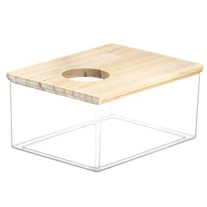 QWORK Hamster Sand Bath Box – Clear Acrylic Habitat Bath with Wooden Lid for Dwarf Hamsters, Digging & Grooming