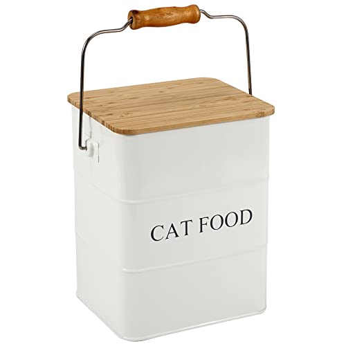 Cat Food storage container Cat Treats Jar,5~6 lb Metal food treats tin for Cat, pet snacks Canisters with wooden lid/handle/sevice scoop-White - color: Cat-White