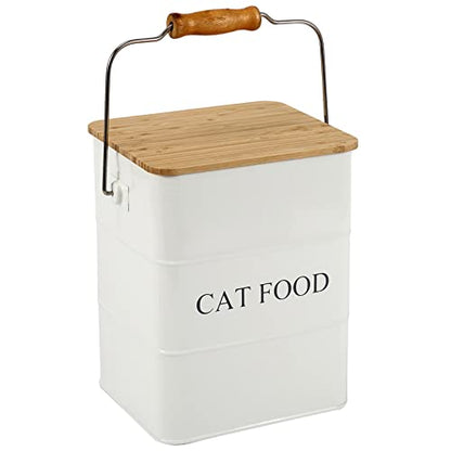 Cat Food storage container Cat Treats Jar,5~6 lb Metal food treats tin for Cat, pet snacks Canisters with wooden lid/handle/sevice scoop-White - color: Cat-White