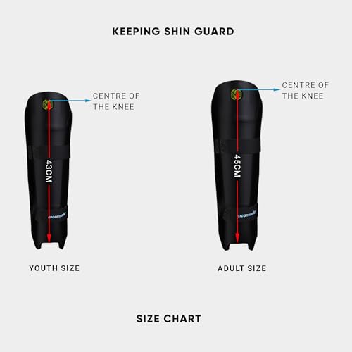 moonwalkr Cricket Wicket Keeping Shin Guards Cricket Guard for Keeper's Height (4'5" - 6'6") Wicket Keeping Pads Super Slim Gear Comes with a 3-inch Strap - color: Black