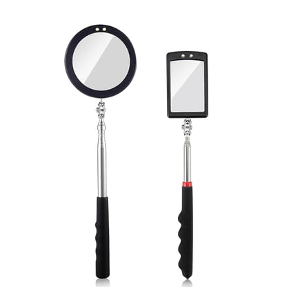 2 Pieces Telescoping Inspection Mirror LED Light Set with Large 3.75" Round Mirror, and 3.3" Square Mirror, Flexible 360 Swivel, for Inspection Viewing, Mechanic Checking, Observation - style: 3.75" Round & 3.3" Square