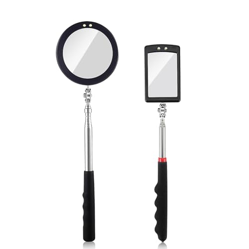 2 Pieces Telescoping Inspection Mirror LED Light Set with Large 3.75" Round Mirror, and 3.3" Square Mirror, Flexible 360 Swivel, for Inspection Viewing, Mechanic Checking, Observation - style: 3.75" Round & 3.3" Square