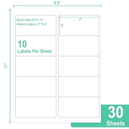 L LIKED 2"x4" Printable White Label Stickers 300 Labels 30 Sheets | Matte, permanent adhesive, laser/inkjet compatible, 10 per sheet, for shipping, address, product & barcode labels - size: 30 Sheets