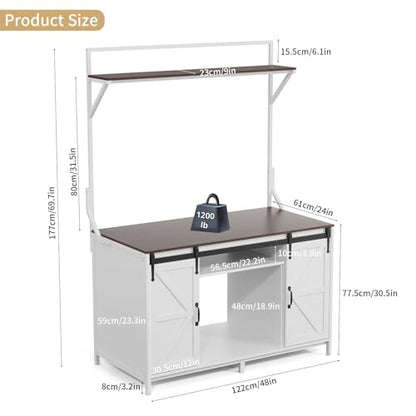 VOWNER 48"x24"Reptile Tank Stand with Power Outlet & Storage Cabinet, White | Fits up to 120 Gallon Bearded Dragon Tank, Sliding Barn Doors, Heavy Duty Aquarium Stand, Reptile Turtle Terrarium Stand - color: White + Walnut