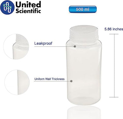 United Scientific™ Polypropylene Sample Bottles with Lids, 500ml, 144-Pack | 16 oz Bottles with Lids, BPA-Free, RoHS Compliant, Leakproof Seal Ring, -40°C to 121°C Range, Wide Mouth Reagent Bottle - size: 16 oz (Pack of 144)