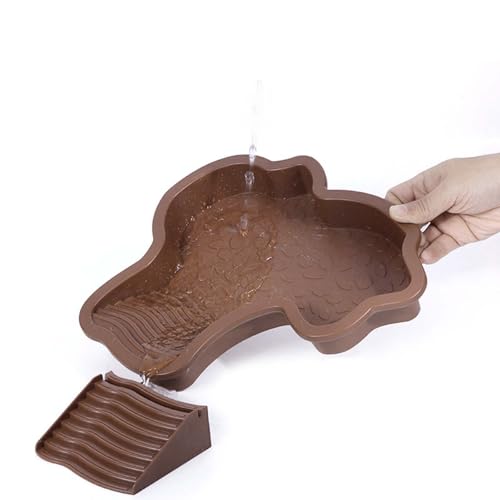 Spacious Reptiles Water Bowl with Ladder Steps Access Removable Component for Safe Turtles Soaking and Resting Slip Turtles Soaking Pool - color: Brown red