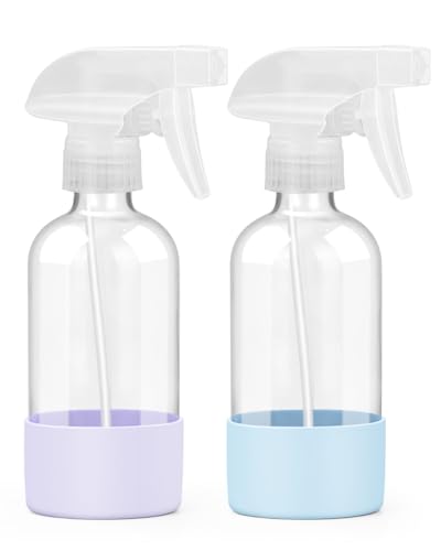 Worldgsb 2 Pack Glass Spray Bottles 8 oz, Empty Refillable Containers with Silicone Sleeve Protection, Glass Spray Bottles for Cleaning Solutions, Hair and Plants with Adjustable Nozzles Blue&Purple - color: Blue&Purple, size: 2 Pack