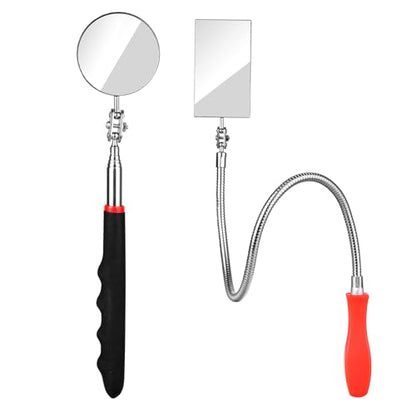 Telescoping & Bendable Inspection Mirror – Round & Square Heads, Black/Orange | 360° Swivel Neck, Telescoping & Bendable Handles, Metal & Glass Build, for Dead Angles & Tight Spots - color: Red/Black