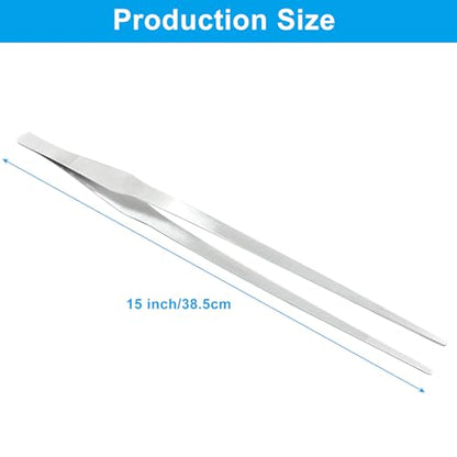 15 Inch Stainless Steel Tweezers | Reptile Feeding Tongs, Non-Slip Long Straight, Precision Serrated Tips, For Aquarium, Garden, Kitchen, Industrial, Laboratory